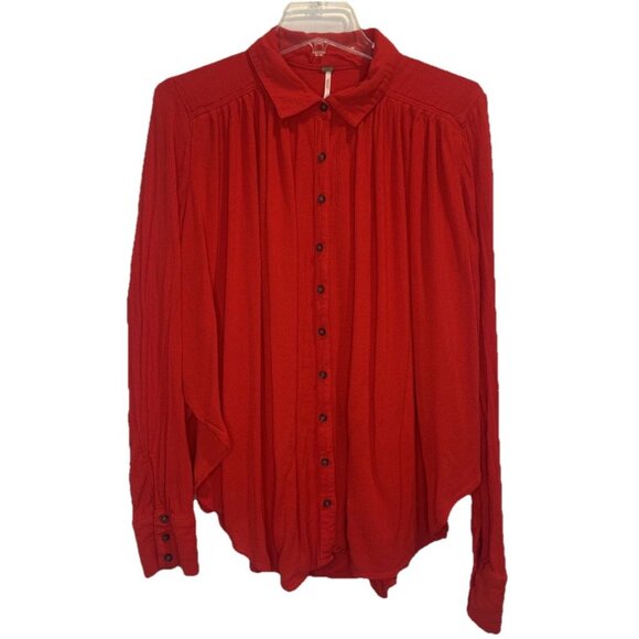Free People Women’s Red Gauze Rayon Stretch Waterfall Hem Button Up Blouse Top S - Picture 1 of 9